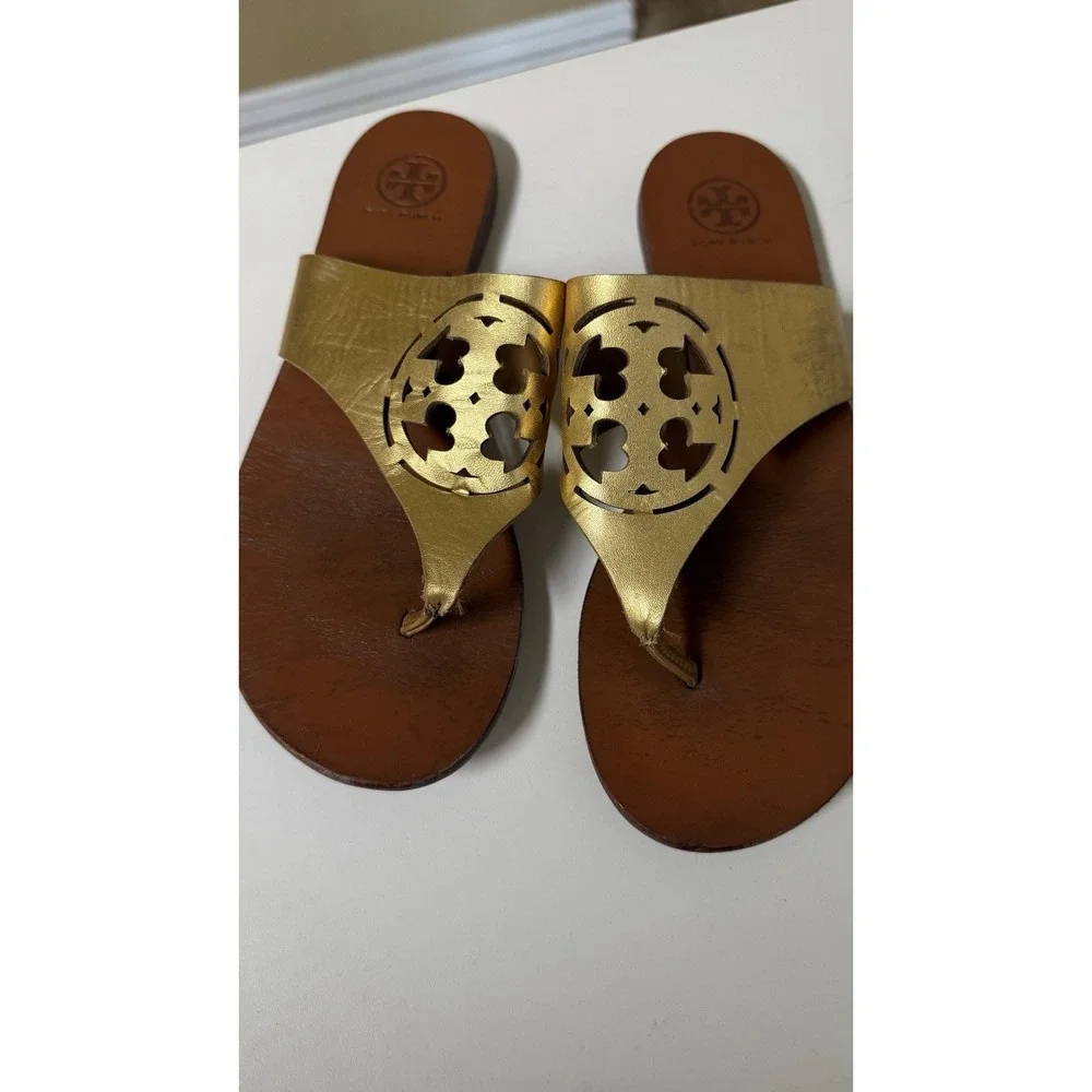 Tory‎ Burch Women's Gold Leather Thong Flats Sandals Size 7
